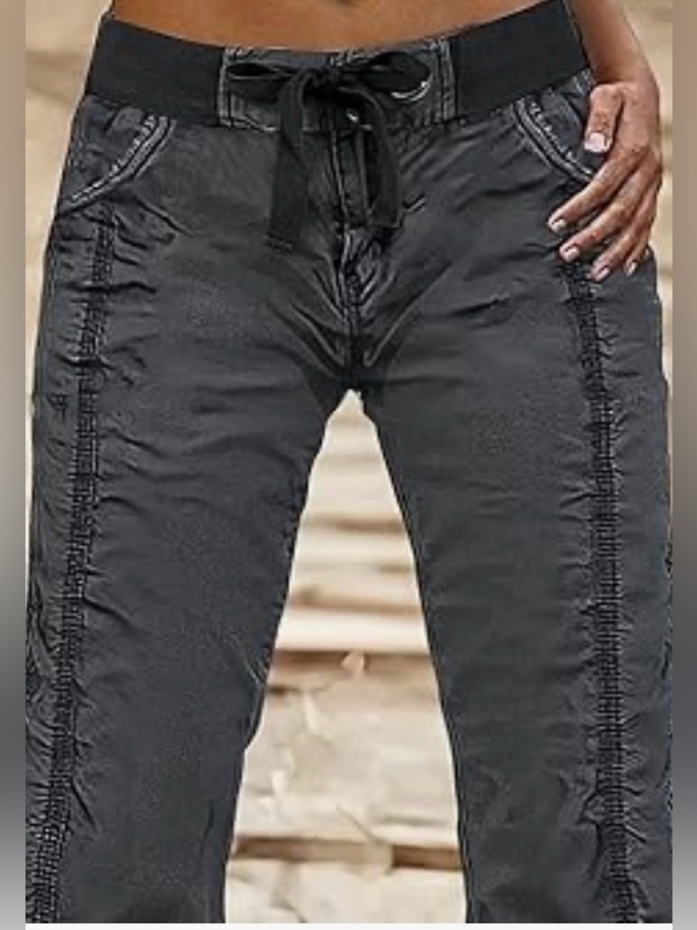 Flamingals Solid Stitch Detail Drawstring Mid Rise Straight Leg Cargo XS NWT - Picture 5 of 8